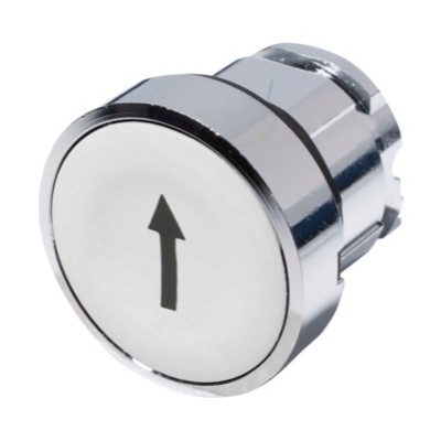 ZB4BA334 Schneider Harmony XB4 White Flush Pushbutton Actuator with &#039;Black Arrow&#039; 22.5mm Spring Return Chrome Bezel