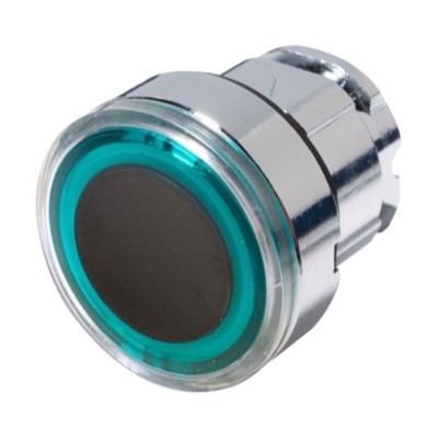 ZB4BW933 Schneider Harmony XB4 Green Flush Illuminated Ring Pushbutton Actuator for use with Integral LED 22.5mm Spring Return Chrome Bezel