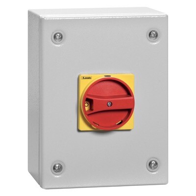 GAZM063SAT4 Lovato GAZM 63A 4 Pole Switch Disconnector IP65 Metal Enclosure with Red/Yellow Handle 200H x 150W x 143mmD