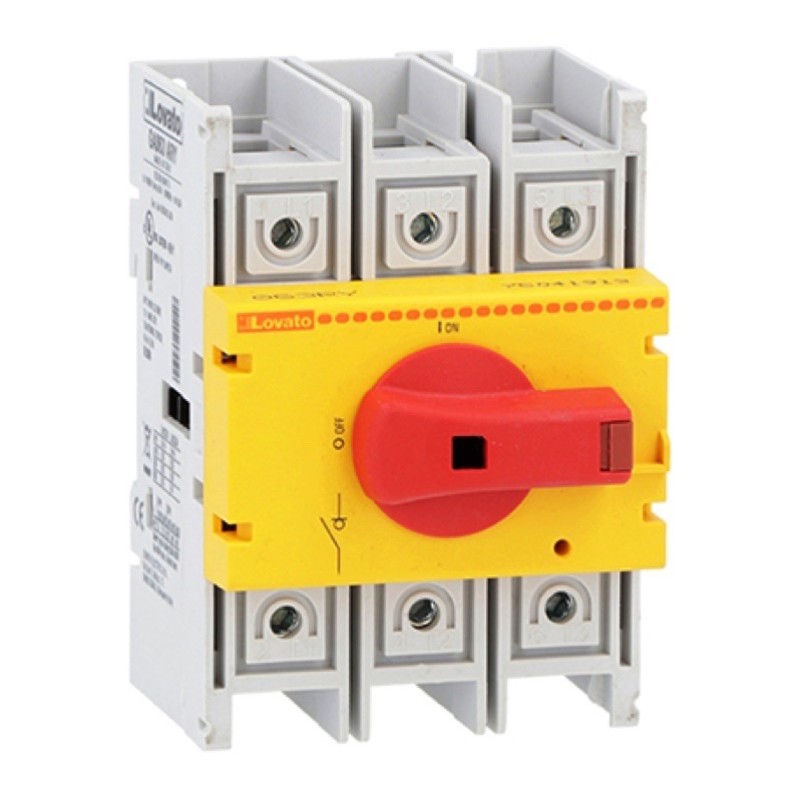 GA080ARY Lovato GA 3 Pole 80A Isolator for Base or DIN Rail Mounting Can also be used as an internal switch Red/Yellow Handle