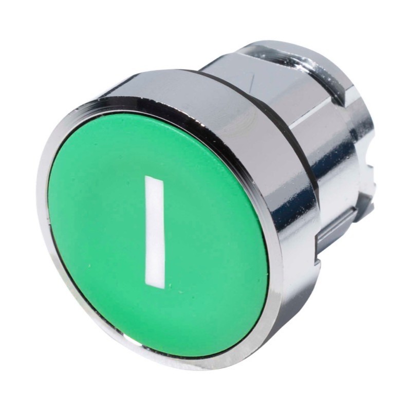 ZB4BA331 Schneider Harmony XB4 Green Flush Pushbutton Actuator with &#039;I&#039; symbol 22.5mm Spring Return Chrome Bezel