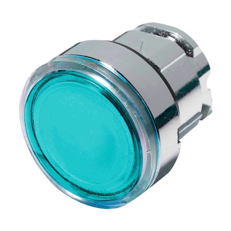 ZB4BW333 Schneider Harmony XB4 Green Flush Illuminated Pushbutton Actuator for use with Integral LED 22.5mm Spring Return Chrome Bezel