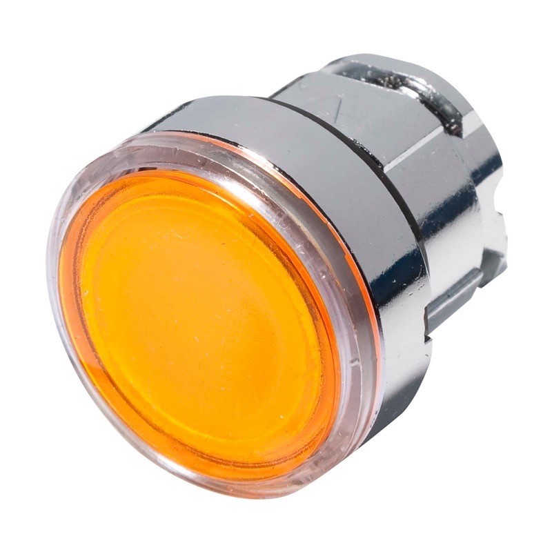 ZB4BW353 Schneider Harmony XB4 Yellow Flush Illuminated Pushbutton Actuator for use with Integral LED 22.5mm Spring Return Chrome Bezel