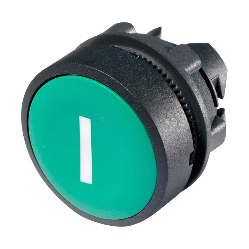 ZB5AA331 Schneider Harmony XB5 Green Pushbutton Actuator with &#039;I&#039; symbol 22.5mm Spring Return Dark Grey Plastic Bezel