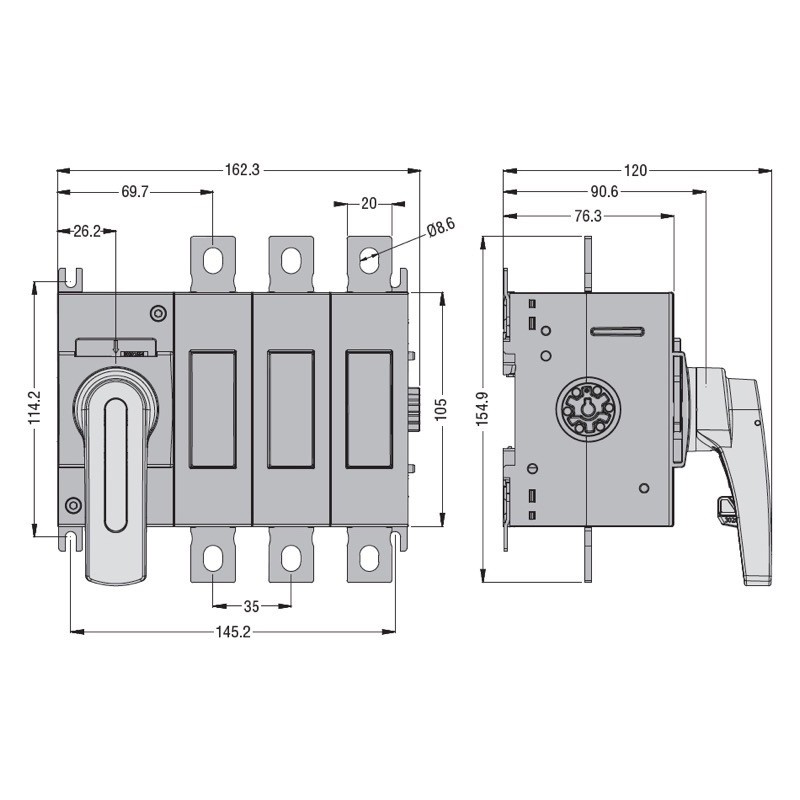 GL0200C1 Lovato GL 200A 3 Pole Switch Disconnector for Base Mounting Handle on Left Hand Side