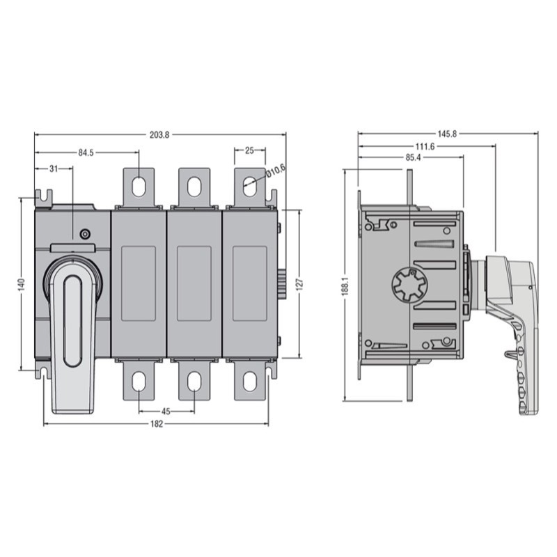 GL0400C1 Lovato GL 400A 3 Pole Switch Disconnector for Base Mounting Handle on Left Hand Side