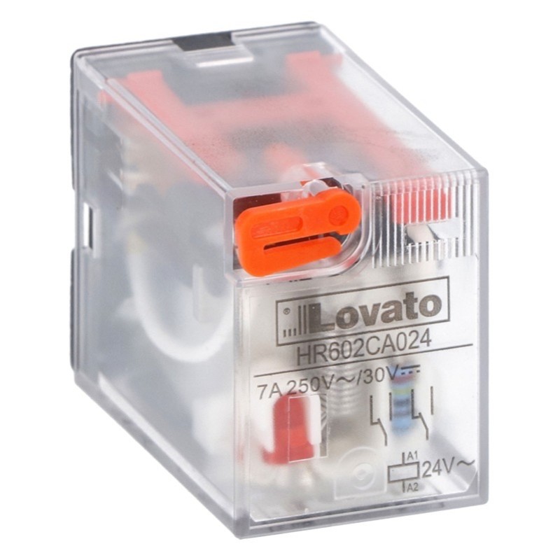 HR602CA230 Lovato HR60 2 Pole 7A Relay 230VAC Coil 2 Change-Over Contacts Lockable Test Button and LED Indication