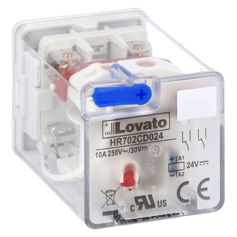 HR702CD110 Lovato HR70 2 Pole 10A Relay 110VDC Coil 2 Change-Over Contact Lockable Test Button and LED Indication