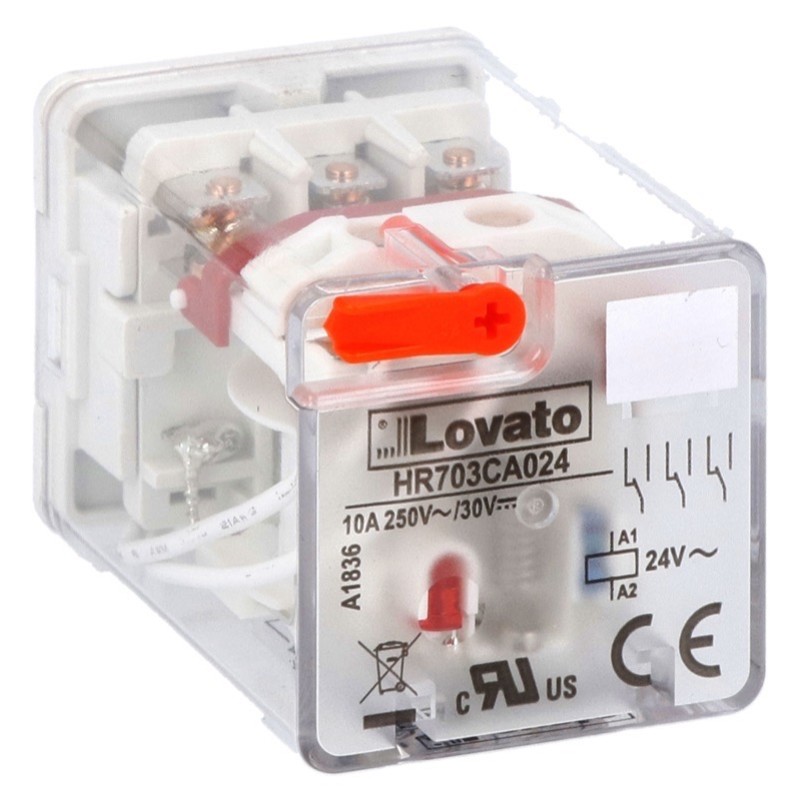 HR703CA110 Lovato HR70 3 Pole 10A Relay 110VAC Coil 3 Change-Over Contact Lockable Test Button and LED Indication