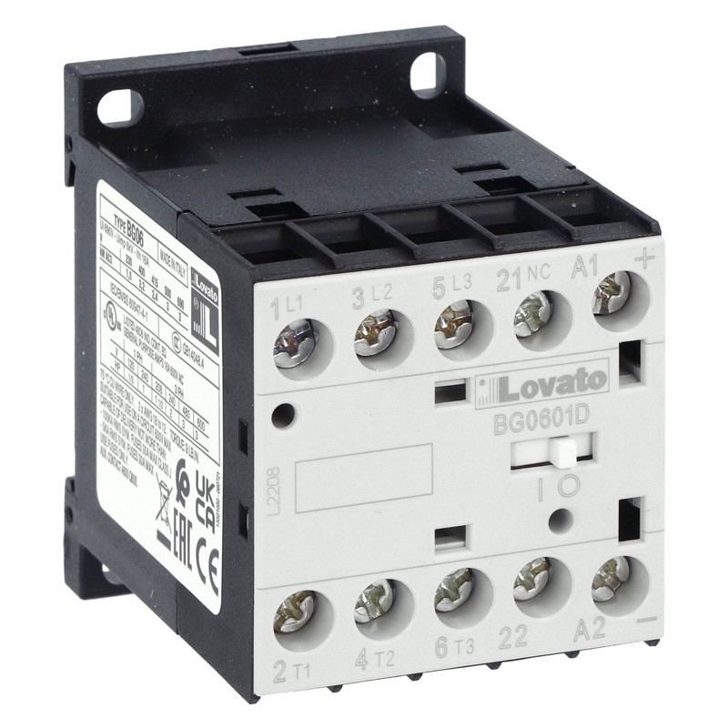 11BG0601D024 Lovato Electric BG Series Mini Contactor 3 Pole 6A AC3 2.2kW 1 x N/C Auxiliary 24VDC Coil