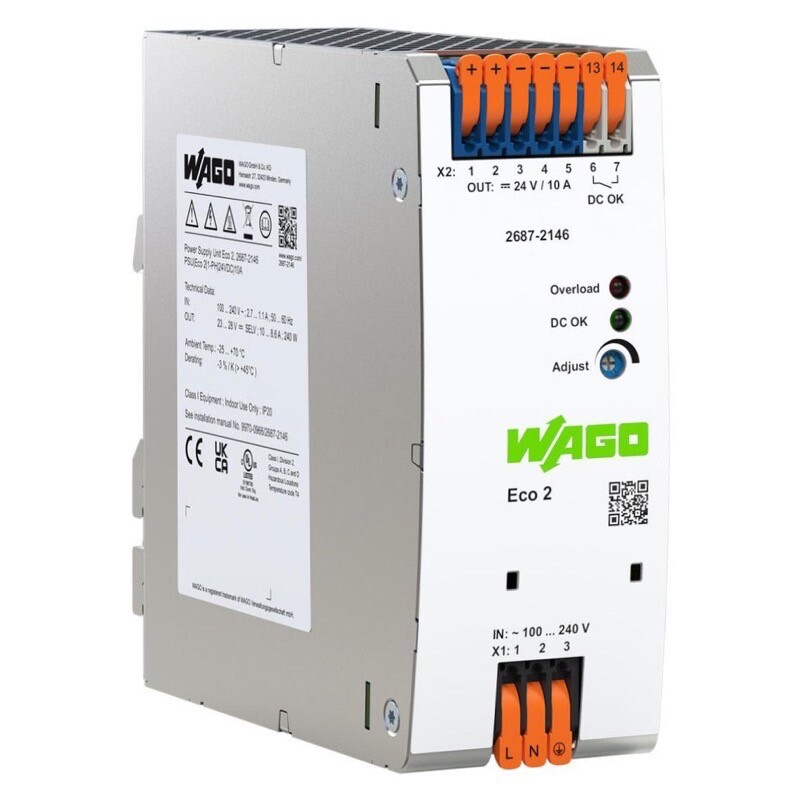 2687-2146 WAGO Eco 2 Power Supply 1-Phase 24VDC Output Voltage 10A Output Current Input Voltage 90-264VAC DC-OK LED