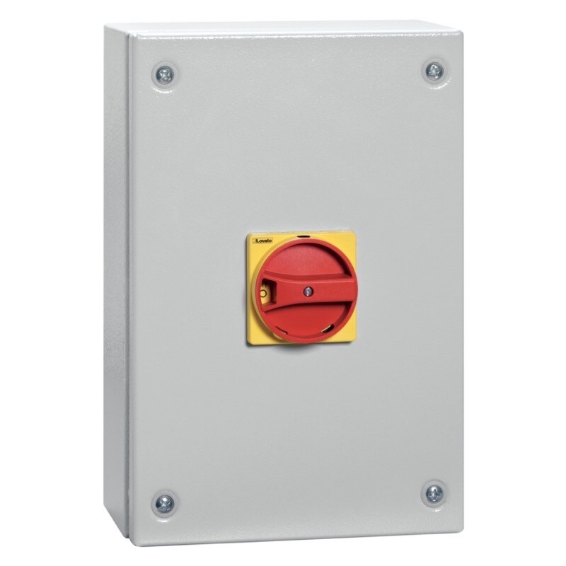 GAZM160 Lovato GAZM 160A 3 Pole Switch Disconnector IP65 Metal Enclosure with Red/Yellow Handle 300H x 200W x 143mmD