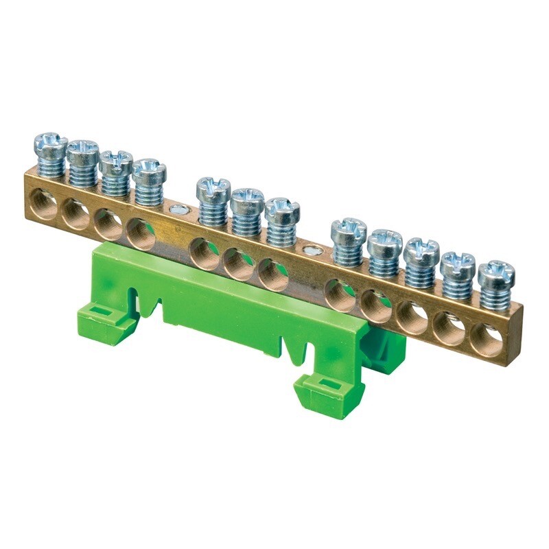 G870S 12-16 12 Way Earth Bar on Green DIN Rail Clip 80A 690V 1.5-16mm2