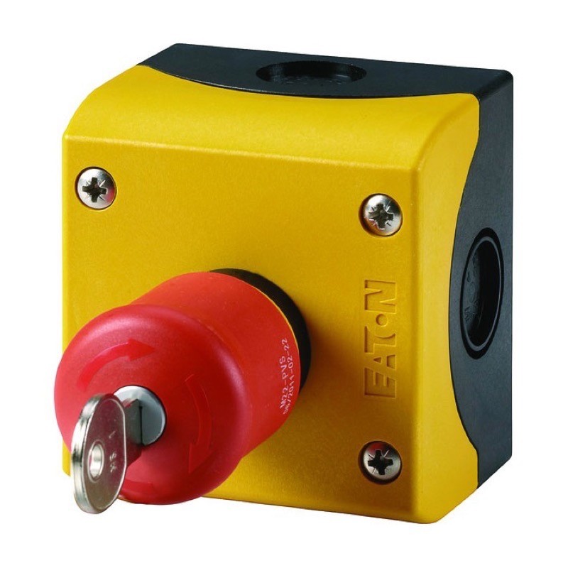 M22-PVS/KC02/IY Eaton RMQ-Titan Enclosed 38mm Red Emergency Stop Button with 2 x N/C Contacts Key to Release